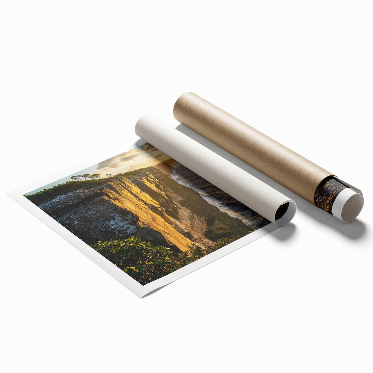 Vibrant rolled print of scenic cliffs showcasing dramatic landscapes, featuring rich colors and intricate textures, ideal for home decor or art enthusiasts.