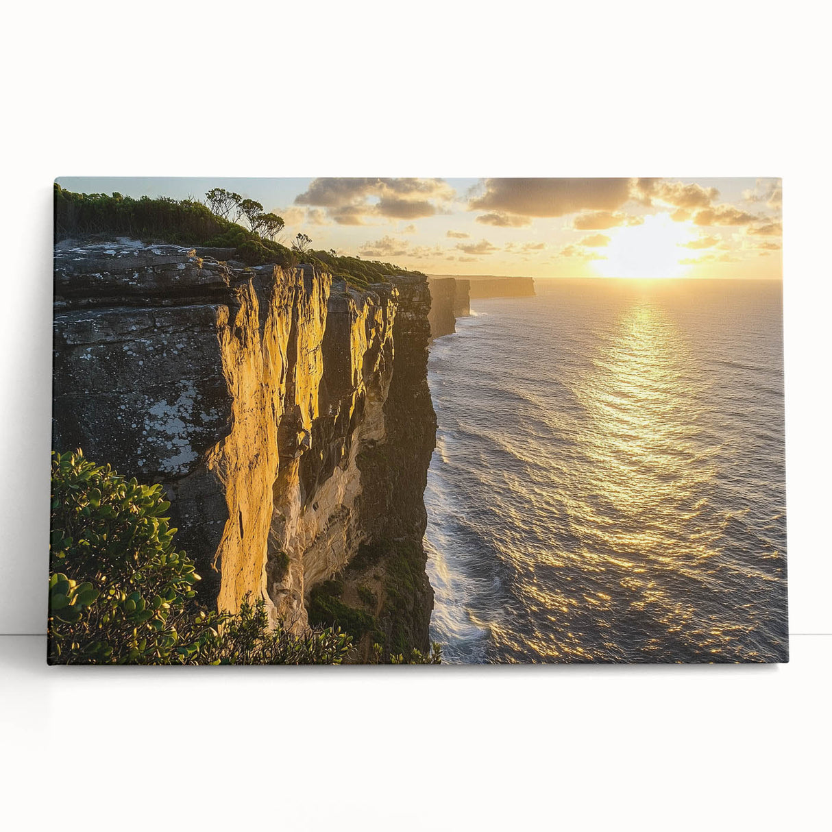 Stretched canvas artwork depicting a stunning landscape of cliffs under a vibrant sky, showcasing rich colors and intricate details, ideal for home decor.