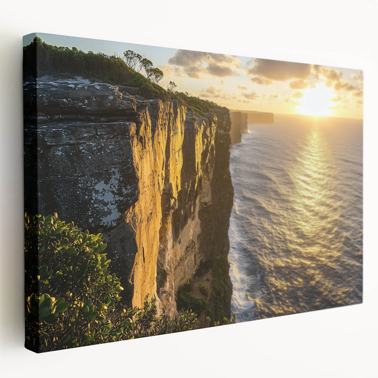 Stretched canvas artwork depicting a breathtaking cliff landscape with vibrant colors and detailed textures, perfect for home decor and nature enthusiasts.
