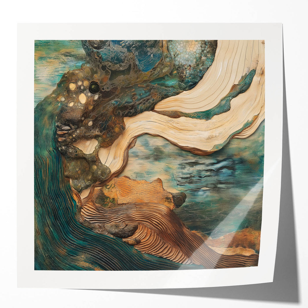 Abstract figurative artwork print featuring vibrant colors and dynamic shapes on glossy surface, ideal for modern home decor. Displayed in a stylish mockup setting.