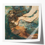 Abstract figurative artwork print featuring vibrant colors and dynamic shapes on glossy surface, ideal for modern home decor. Displayed in a stylish mockup setting.