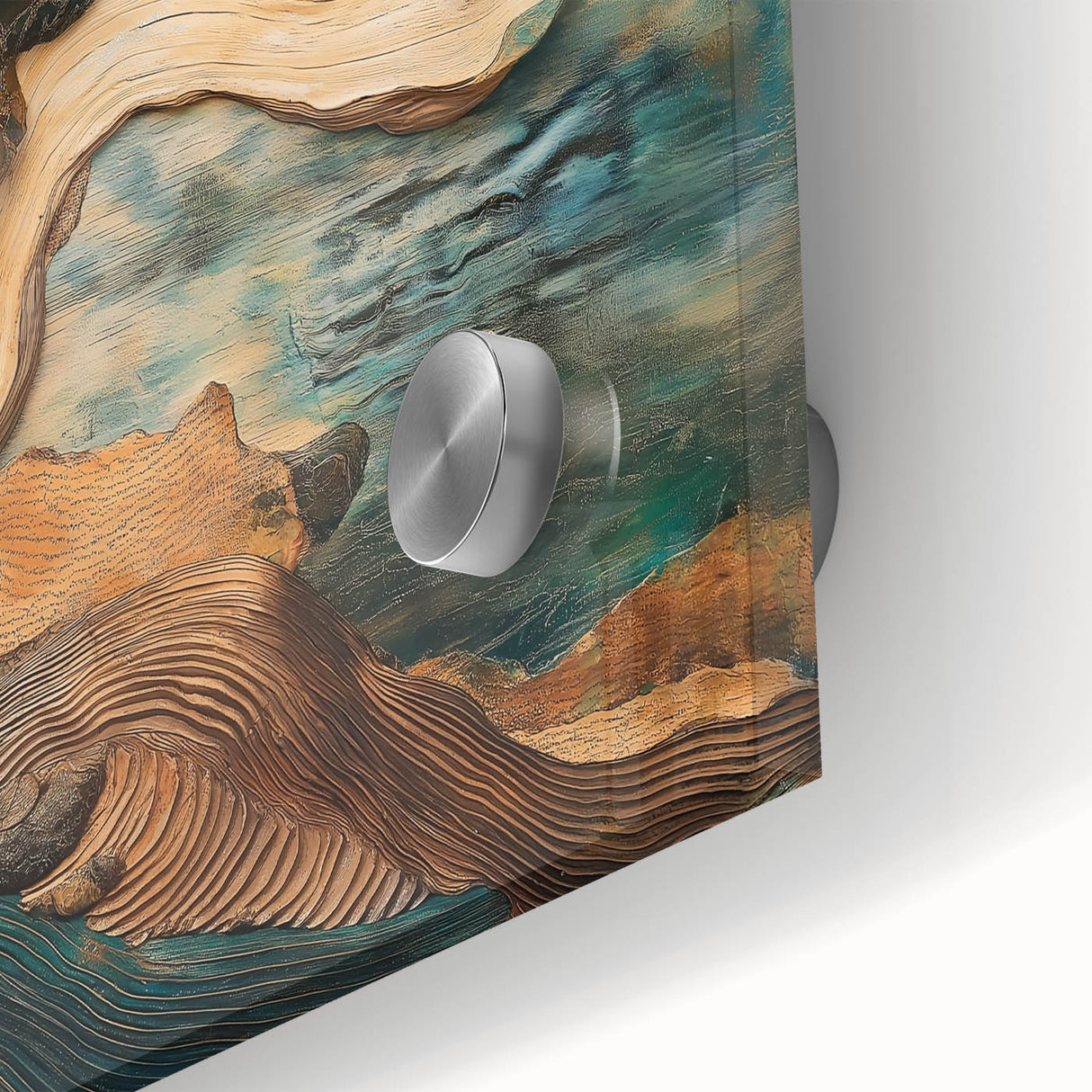 Close-up of an abstract figurative acrylic painting on glass, showcasing vibrant colors and intricate details that enhance contemporary decor aesthetics.