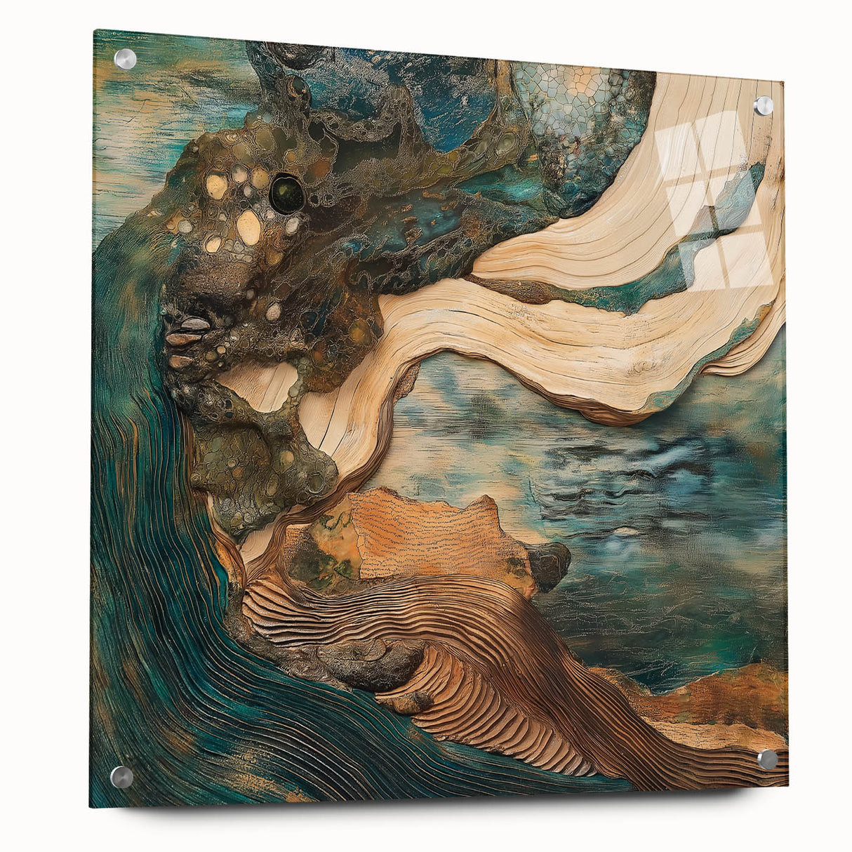 Abstract figurative acrylic artwork displayed on glass, showcasing vibrant colors and intricate details, accented with decorative pins for a modern aesthetic.