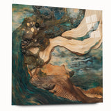 Abstract figurative acrylic artwork displayed on clear glass, showcasing vibrant colors and dynamic shapes, ideal for modern home decor or gallery settings.