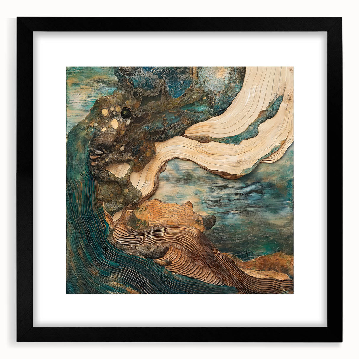 Abstract figurative frame with a black mat, showcasing a modern art design, perfect for contemporary home decor and enhancing artistic spaces.