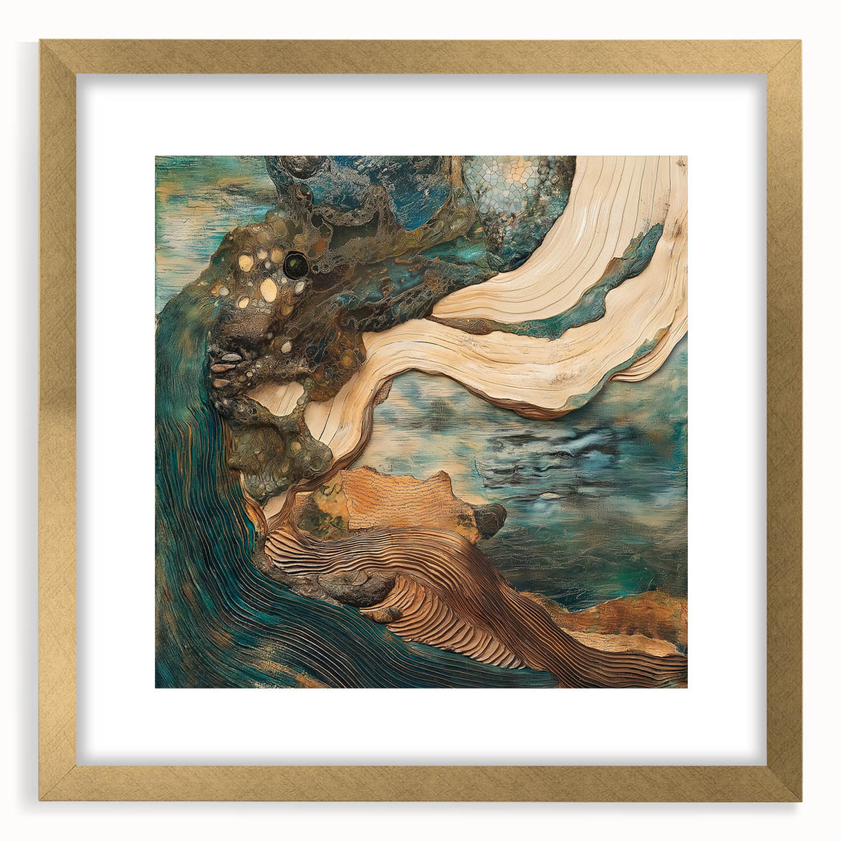 Abstract figurative art frame with a gold mat, showcasing a modern design that enhances any décor. Ideal for adding elegance to living spaces or galleries.