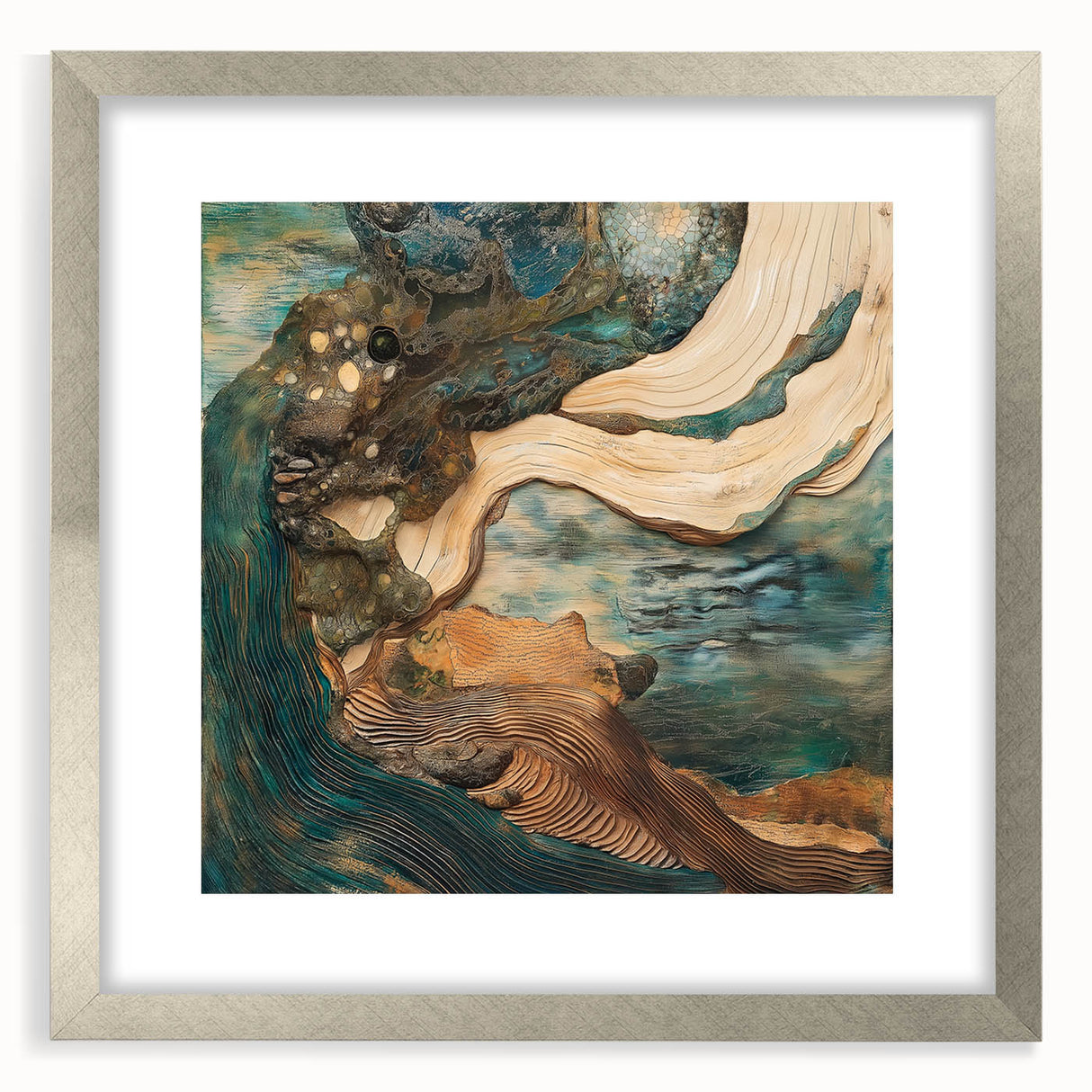 Abstract figurative silver frame with a mat, showcasing a modern artwork piece, perfect for enhancing home decor. The frame’s sleek design complements contemporary interiors.