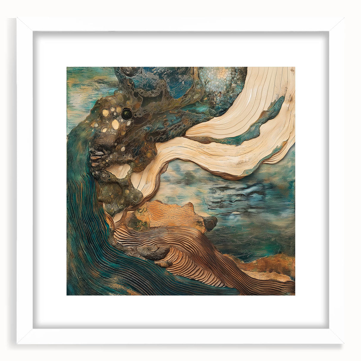 Abstract figurative artwork framed in a sleek white mat, showcasing bold colors and dynamic shapes, ideal for modern home decor. Perfect for enhancing creative spaces.