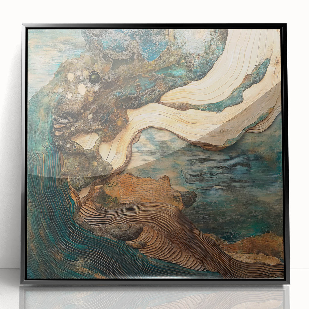 Framed abstract figurative artwork in black acrylic, showcasing dynamic shapes and fluid lines, perfect for modern home decor and artistic expression.