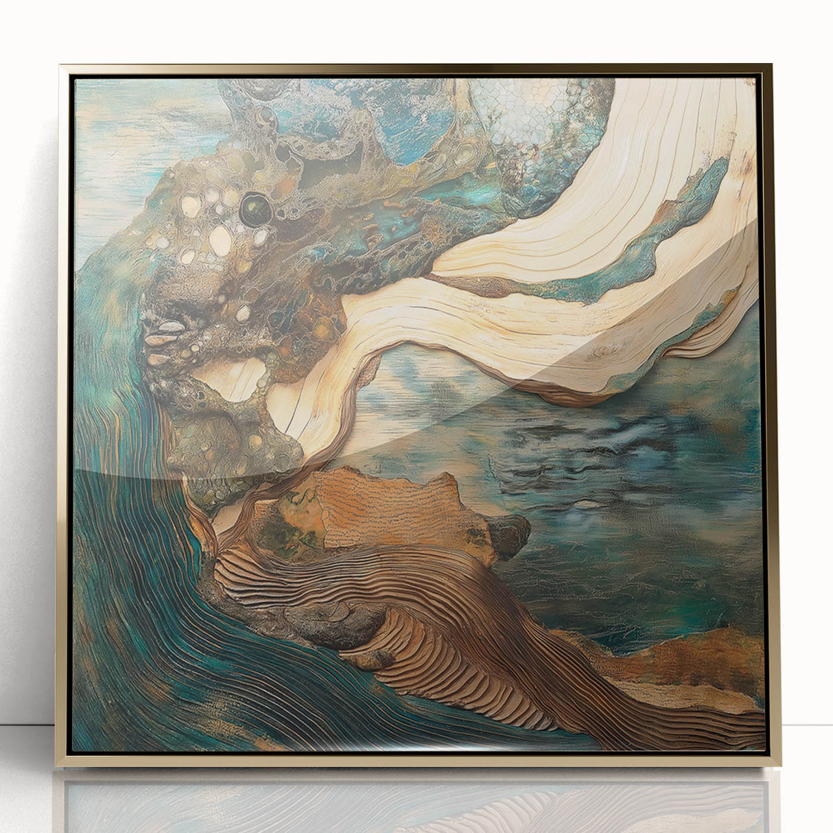 Framed abstract figurative artwork in gold and black, showcasing a modern design with intricate details, perfect for enhancing contemporary home decor.