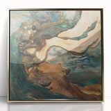 Framed abstract figurative artwork in gold and black, showcasing a modern design with intricate details, perfect for enhancing contemporary home decor.