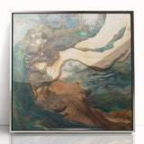 Abstract figurative art piece in a sleek silver frame, showcasing vibrant colors and dynamic shapes, perfect for modern home decor. The artwork adds a contemporary touch to any space, enhancing the aesthetic appeal with its unique design.