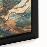 Close-up of a framed abstract figurative canvas artwork, showcasing vibrant colors and unique brush strokes, perfect for modern home decor and artistic expression.