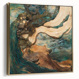 Framed abstract figurative canvas art featuring silver and gold tones, ideal for modern home decor, showcasing an elegant blend of shapes and textures.