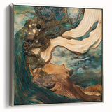 Framed abstract figurative canvas artwork with silver accents, displaying a dynamic design in a modern setting, ideal for contemporary decor enthusiasts.