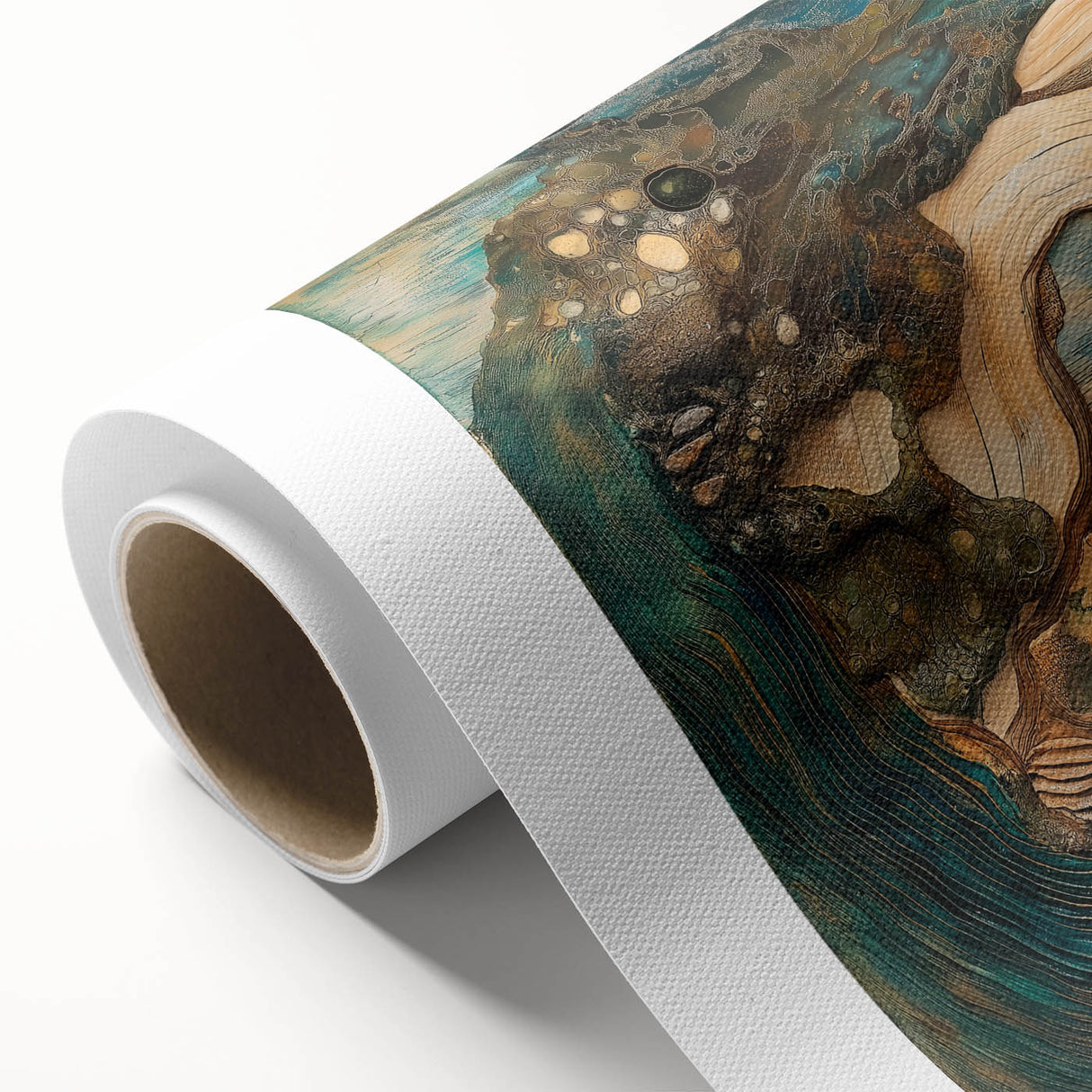 Vibrant abstract figurative wall art on rolled canvas, showcasing bold colors and intricate shapes, perfect for modern decor. Packaged securely in a cardboard tube for safe delivery.