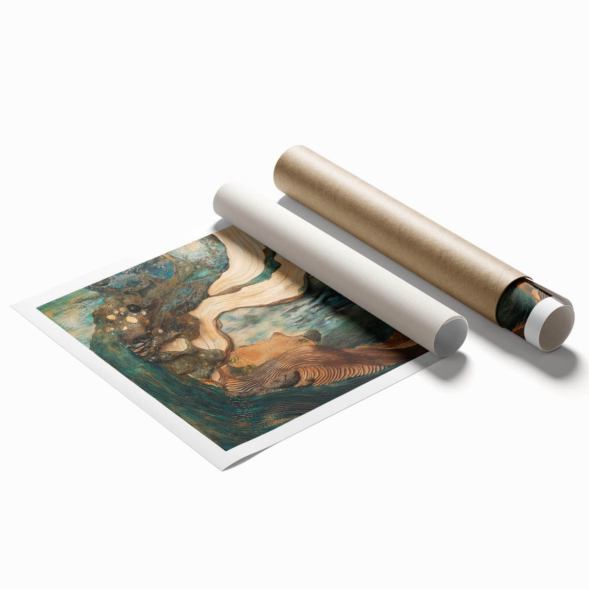 Abstract figurative art print showcasing vibrant colors and dynamic shapes, rolled for easy transport, perfect for modern home decor.