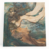 Abstract figurative stretched canvas artwork leaning against a wall, showcasing vibrant colors and dynamic shapes, perfect for modern home decor.