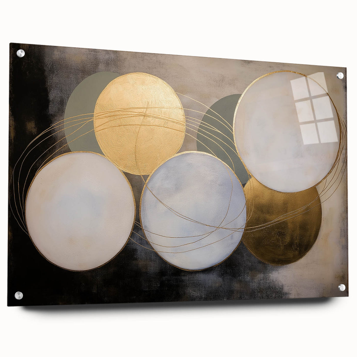Abstract geometric acrylic glass artwork showcasing vibrant colors and unique shapes, viewed from the side with visible pins, perfect for modern decor.