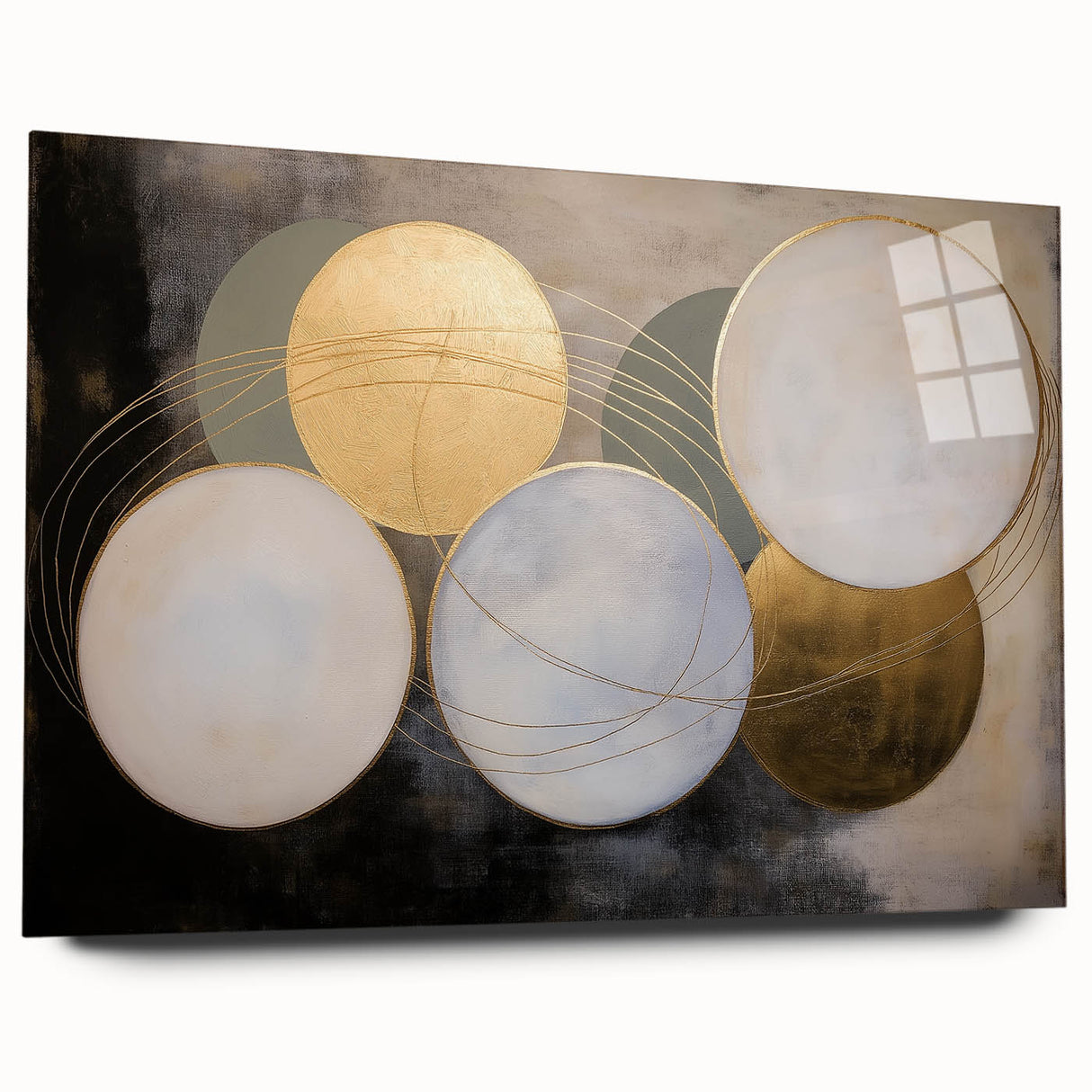 Abstract geometric acrylic glass artwork showcasing vibrant colors and intricate patterns, displayed from a side view, ideal for modern interior decor.