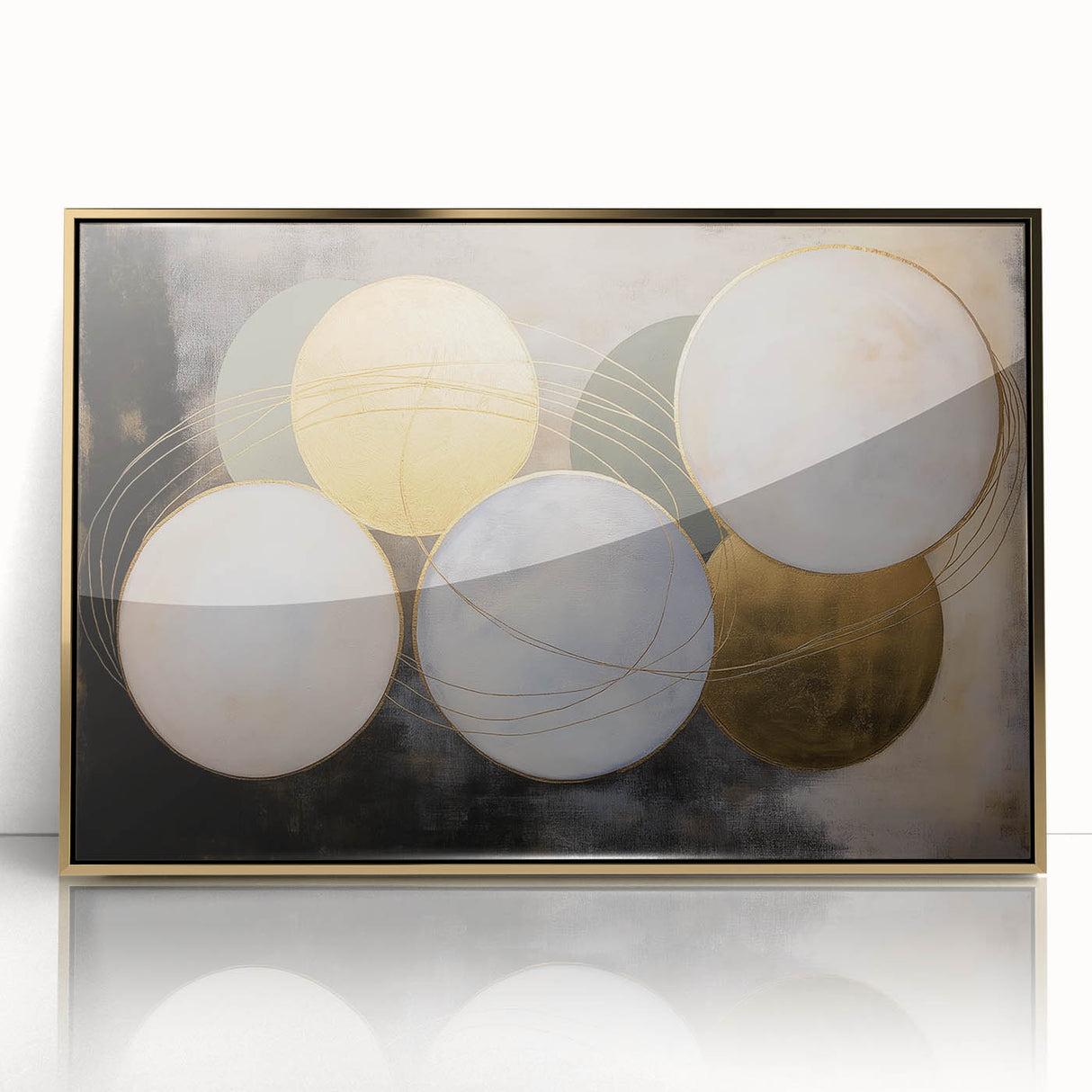 Abstract geometric art print in a sleek gold frame, showcasing vibrant shapes and colors against a soft background, perfect for modern home decor.