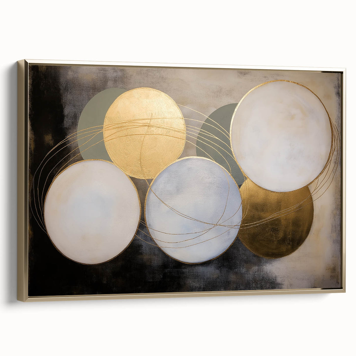 Abstract geometric framed canvas artwork in gold tones, showcasing intricate patterns and a modern design, ideal for contemporary home decor.