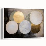 Framed abstract geometric canvas art with a white background, showcasing a modern design ideal for contemporary home decor. Side view highlights its sleek frame and vibrant colors, perfect for adding a stylish touch to living spaces.