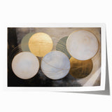 Abstract geometric rolled print showcasing a vibrant mix of blue, orange, and yellow shapes, perfect for modern home decor, packaged securely in a cardboard tube.