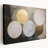 Abstract geometric stretched canvas art featuring vibrant colors and intricate patterns, ideal for modern interior decor, showcasing a side view perspective.