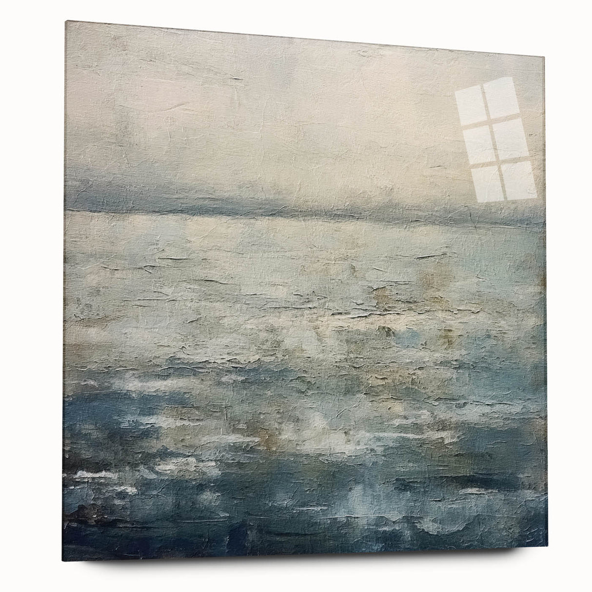 Abstract landscape wall art displayed in acrylic glass, showcasing vibrant colors and flowing shapes, ideal for modern home décor. Side view highlights sleek design and elegance.