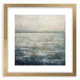 Abstract landscape wall art in a gold frame, showcasing a serene blend of blues and greens, perfect for modern home decor. The artwork is elegantly matted, enhancing its artistic appeal.