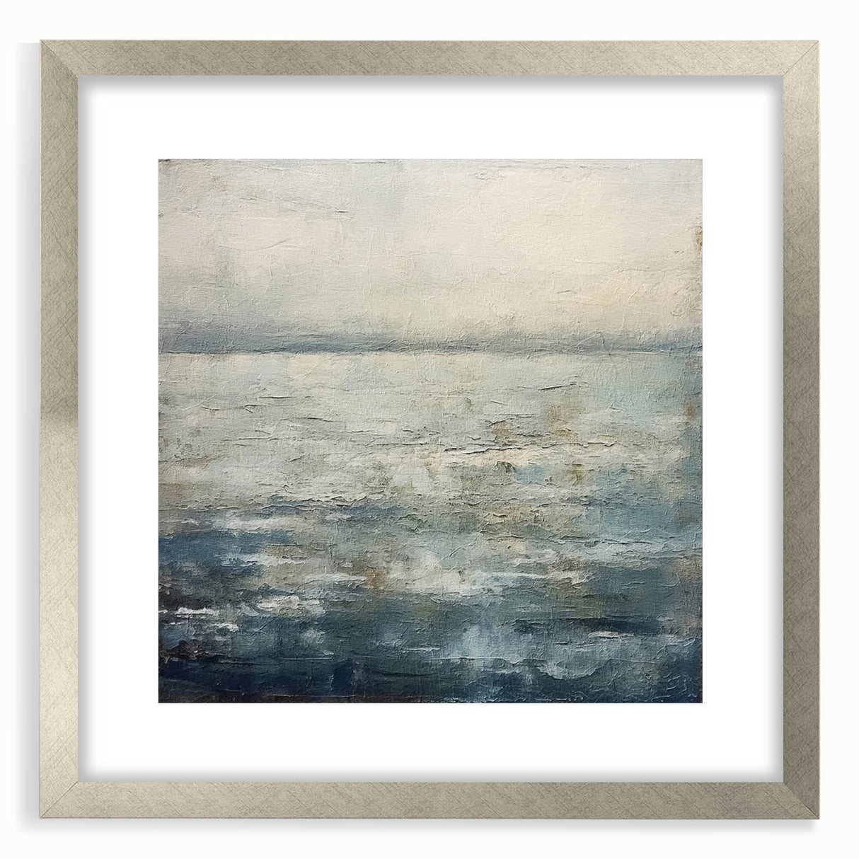 Abstract landscape wall art framed in a sleek silver frame with a white mat, showcasing vibrant colors and intricate textures, perfect for modern home decor.