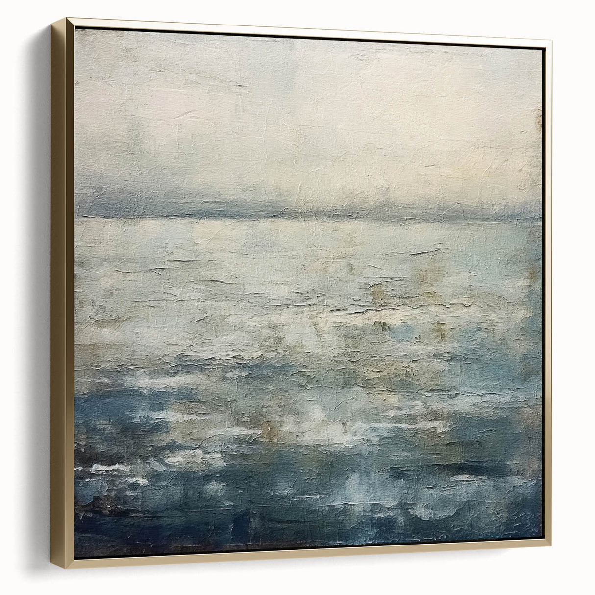 Framed canvas wall art featuring an abstract landscape design in silver and gold tones, set against a minimalist background, perfect for modern decor.