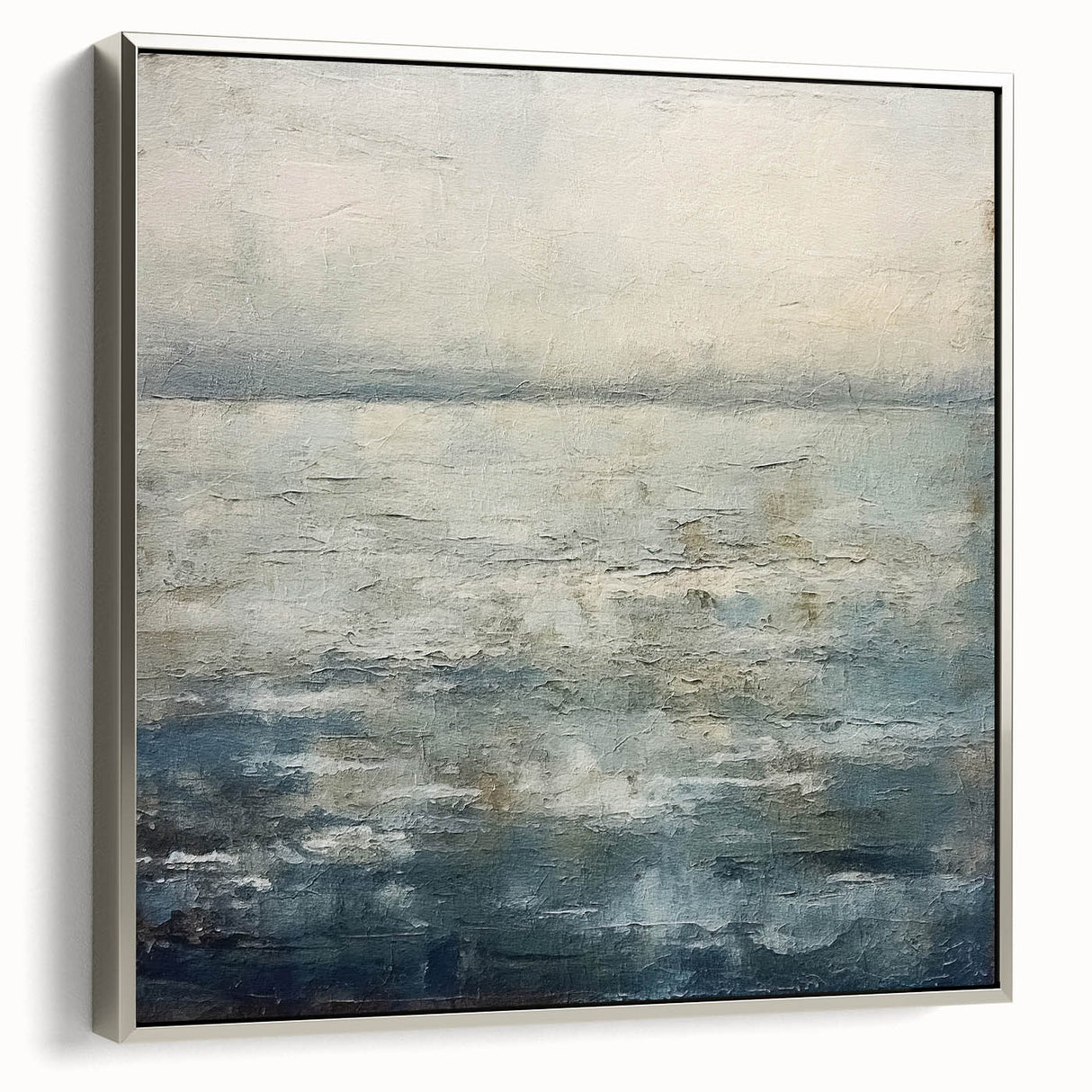 Framed abstract landscape wall art featuring silver accents and a textured canvas surface, showcasing a modern design ideal for contemporary home decor.