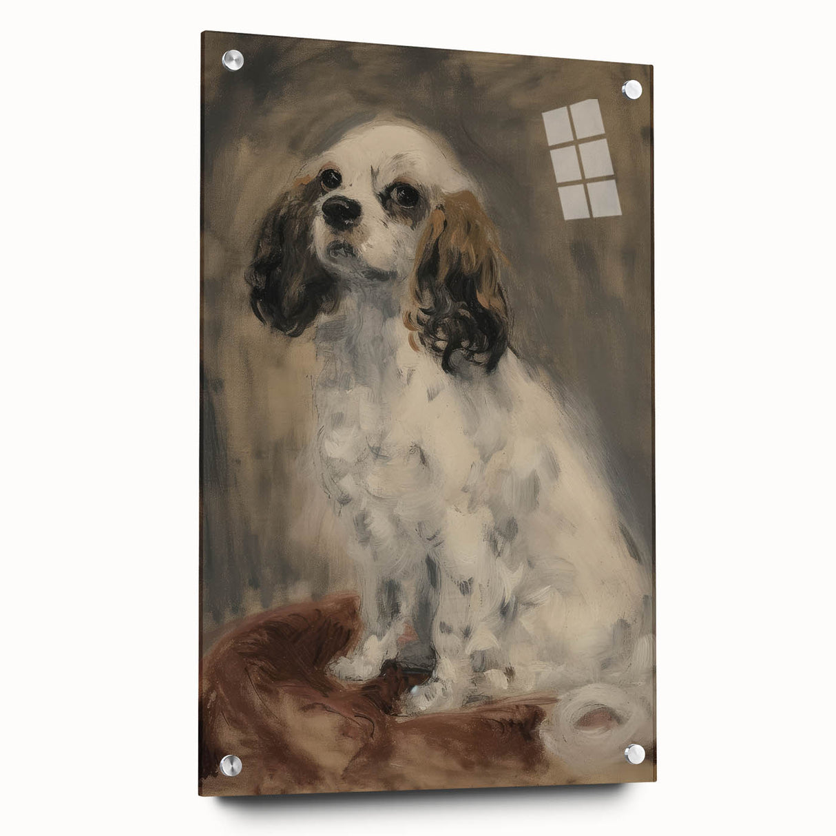 Acrylic glass display featuring a detailed side view of a colorful animal design, artistically pinned, perfect for modern home decor or gallery exhibitions.