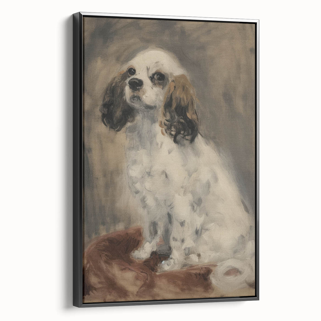 Framed canvas featuring a vibrant animal design in rich colors, showcasing intricate details and textures, displayed from a black side view for artistic depth.