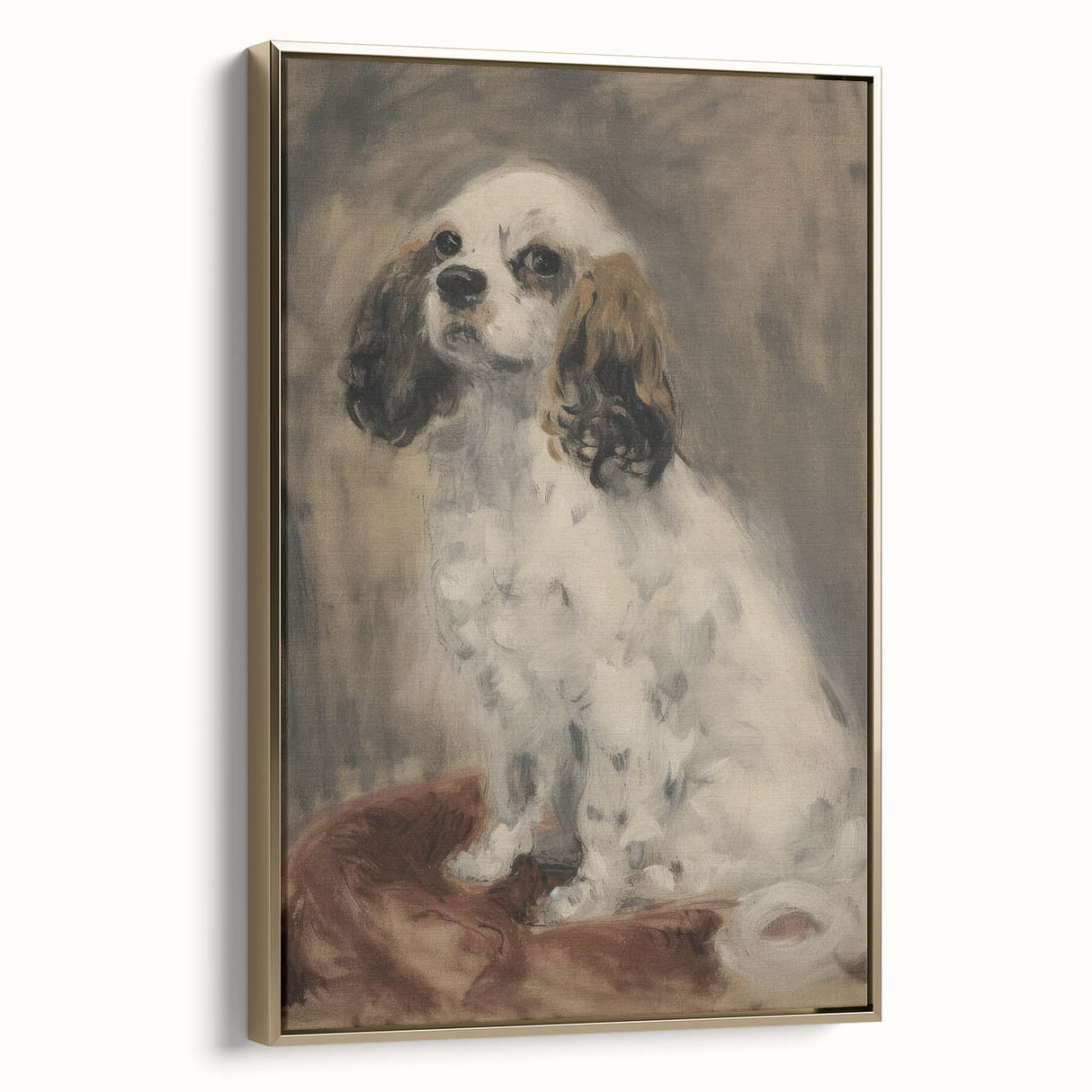 Framed canvas artwork depicting a whimsical animal design with gold accents, showcased from the side to highlight its elegant finish and vibrant colors. Perfect for adding a touch of playful sophistication to any home decor.