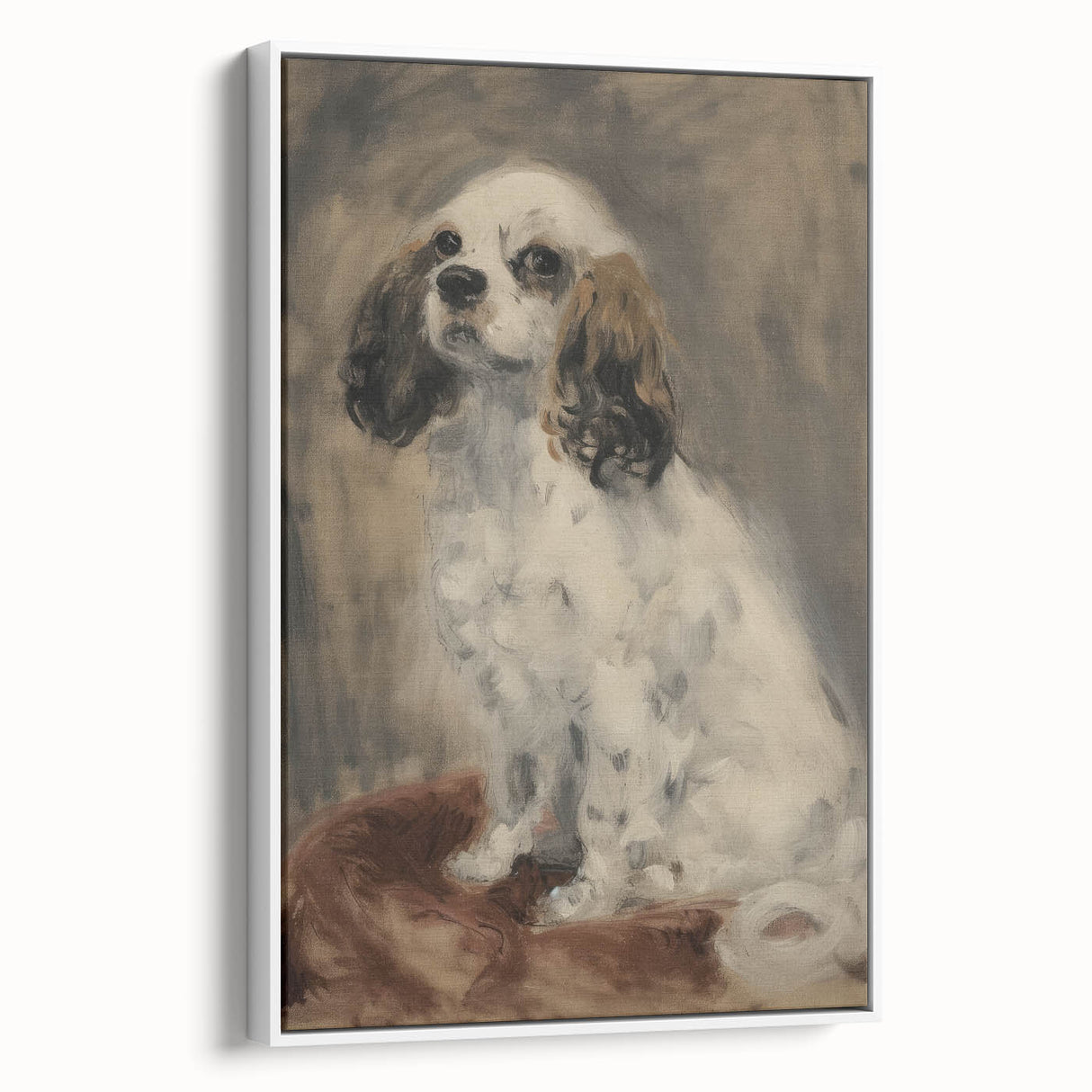 Framed canvas artwork depicting a vibrant animal design, showcasing intricate details and a white border, ideal for enhancing modern home decor. The piece exudes a playful yet elegant aesthetic, perfect for animal lovers and art enthusiasts alike.