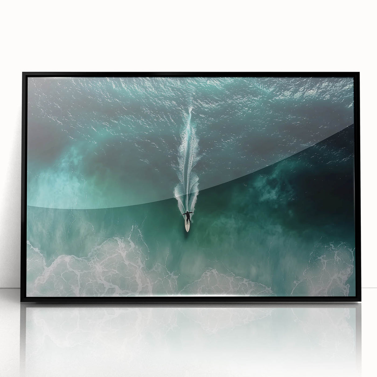 Framed acrylic landscape artwork depicting a serene beach scene with vibrant blue skies and golden sands, elegantly presented in a sleek black frame. Perfect for coastal decor enthusiasts.