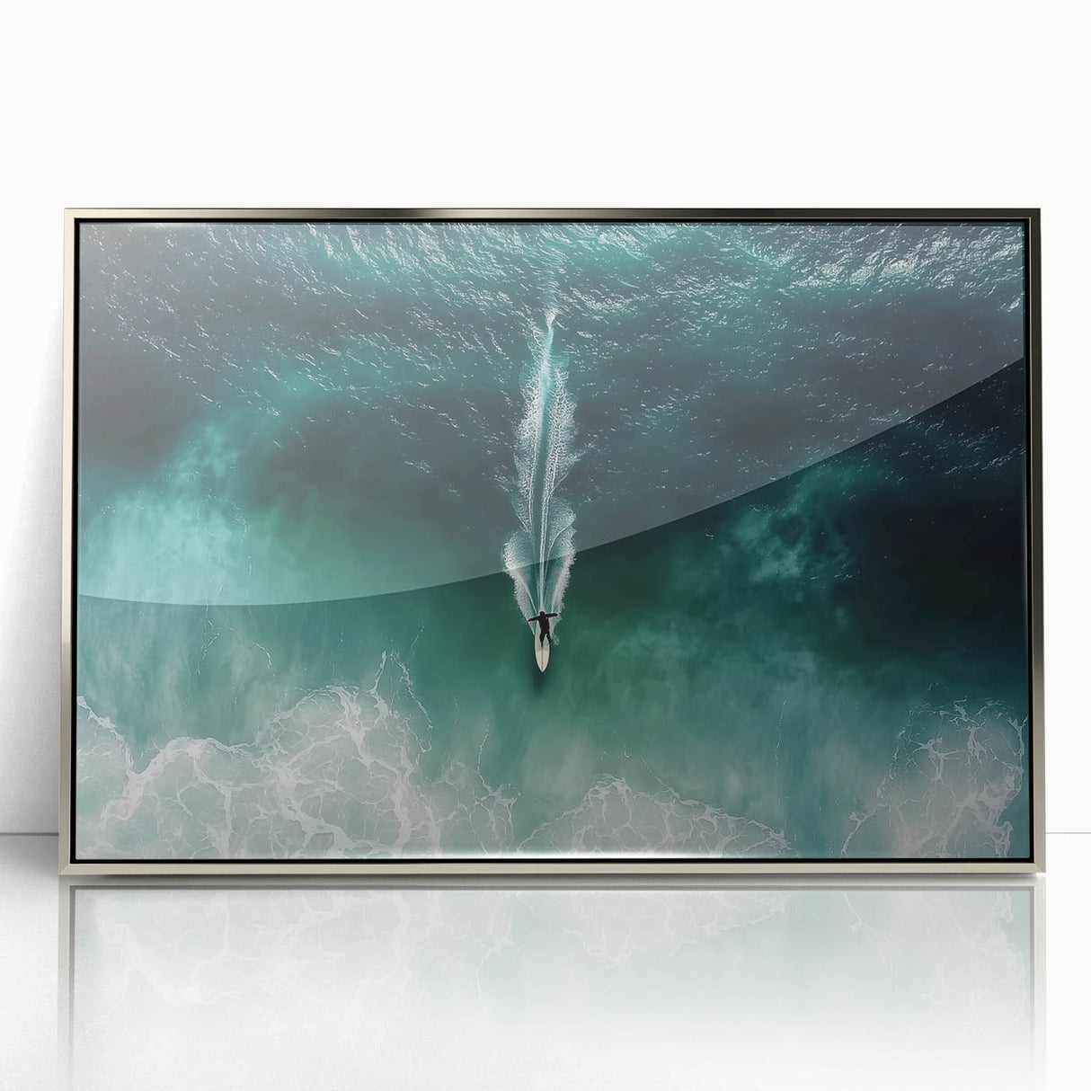 Framed acrylic artwork showcasing a serene beach landscape with vibrant colors, perfect for home decor, enhancing coastal-themed interiors. The piece features a silver frame, adding elegance to any room, ideal for beach lovers and art enthusiasts.