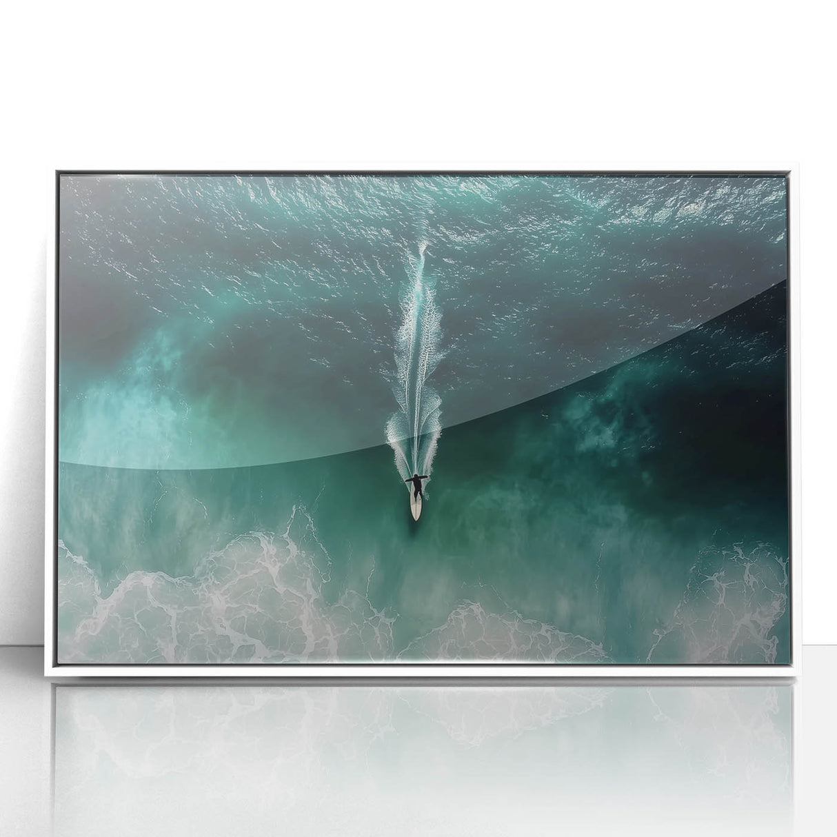 Framed acrylic artwork showcasing a serene beach landscape with soft waves and a clear blue sky, presented in a sleek white frame for a modern touch. Perfect for coastal home decor.