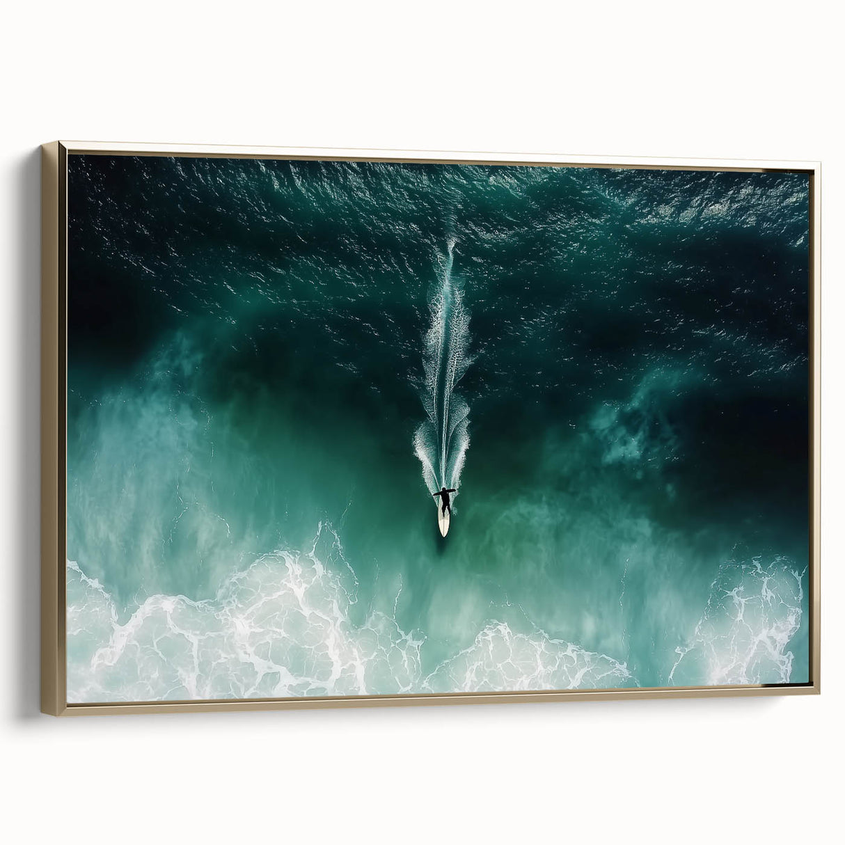 Framed canvas artwork depicting a serene beach landscape with golden accents, showcasing soft waves and a sunset sky, ideal for coastal-themed decor.
