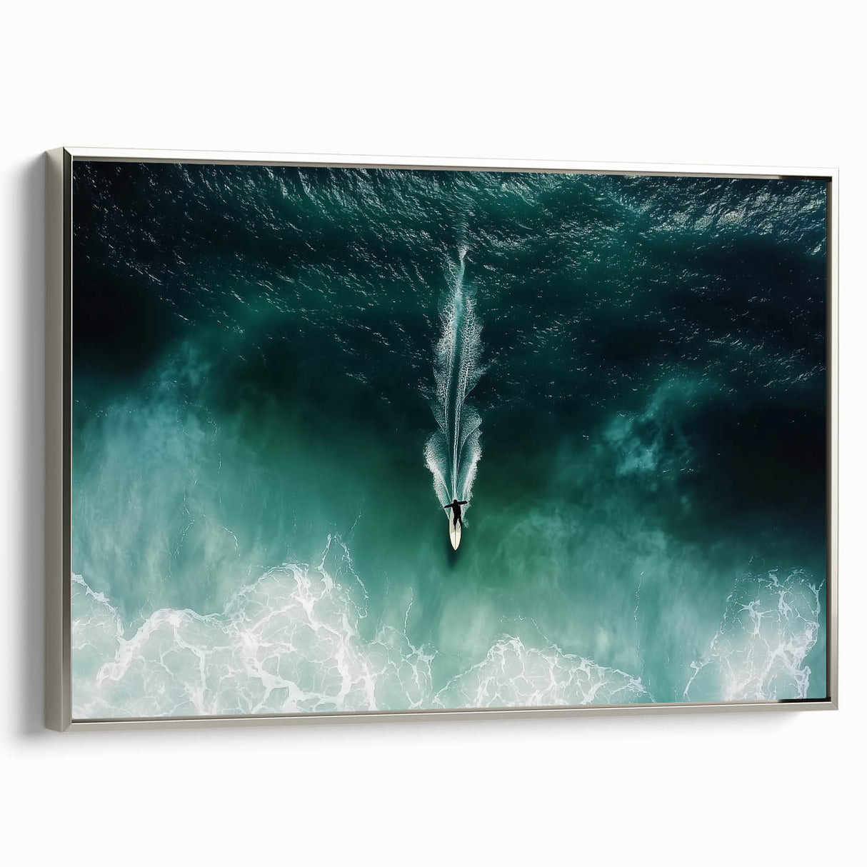 Framed canvas artwork showcasing a serene beach landscape with vibrant colors and intricate details, bordered with a sleek silver frame, ideal for enhancing home decor.