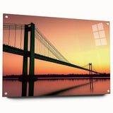 Acrylic glass side view of a landscape bridge design, showcasing intricate details and vibrant colors, mounted with pins for secure display in modern decor.