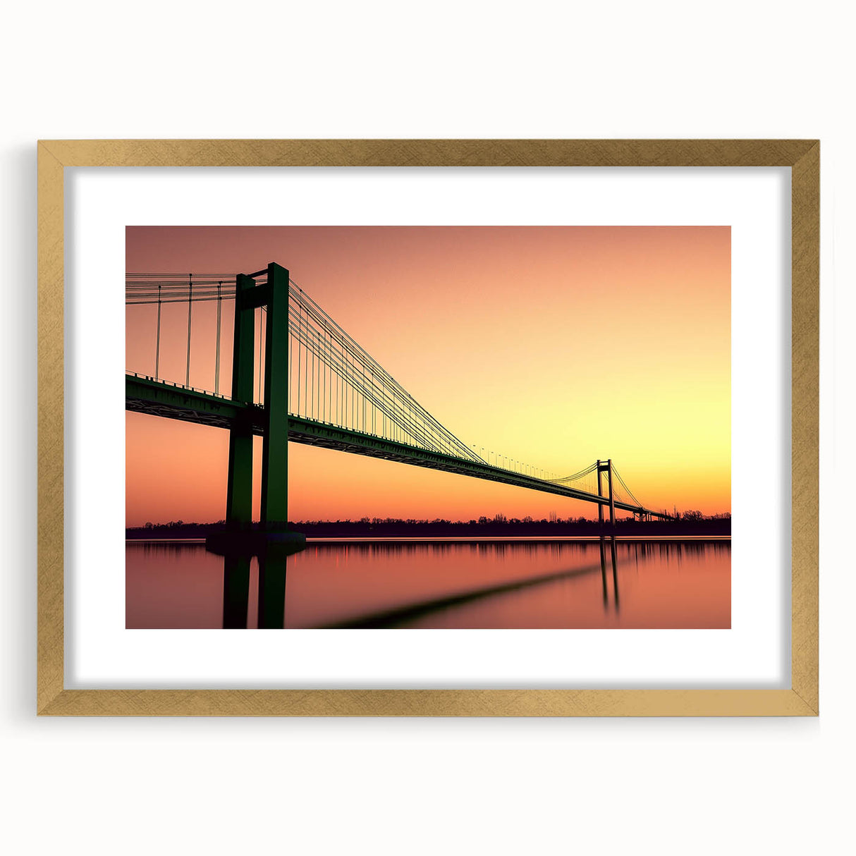 Elegant gold landscape bridge frame with a white mat, showcasing a modern design, perfect for enhancing home decor and highlighting artwork in living spaces.