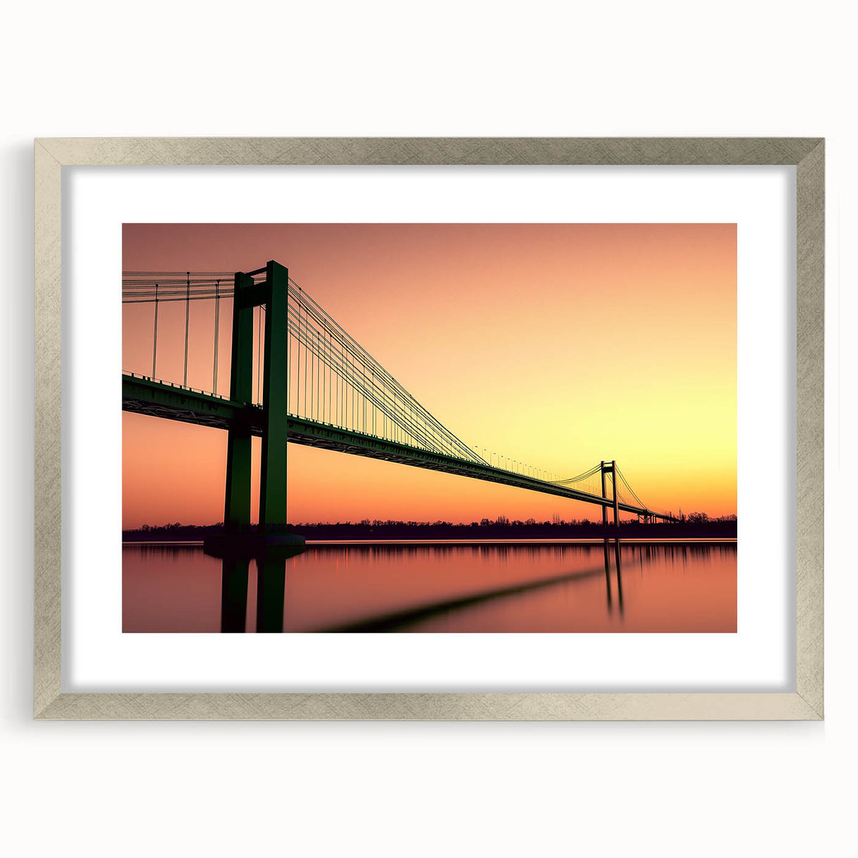 Silver landscape bridge frame with a white mat, showcasing a modern design suitable for home decor, emphasizing elegance and sophistication in interior styling.