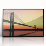 Framed acrylic artwork of a landscape bridge, showcasing vivid colors and intricate details, set against a black frame, perfect for enhancing modern decor.