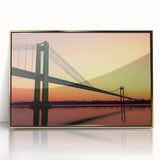 Framed acrylic artwork showcasing a vibrant landscape bridge design in gold tones, ideal for modern home decor, emphasizing elegance and artistic flair.