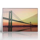 Framed acrylic artwork showcasing a serene landscape bridge scene with vibrant colors, mounted in a modern white frame, perfect for home decor.