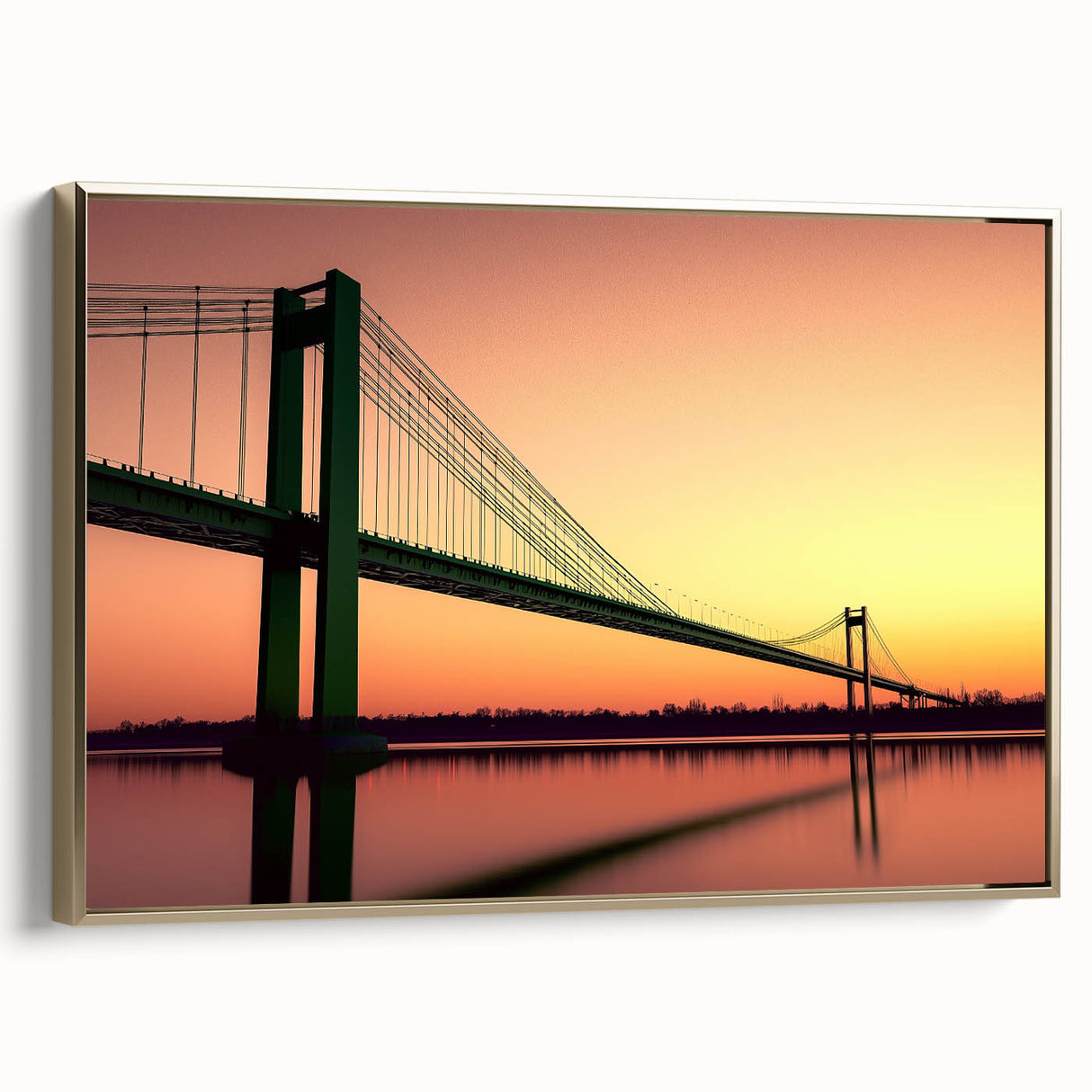 Framed canvas artwork depicting a golden landscape bridge viewed from the side, showcasing intricate details and vibrant colors, perfect for home decor.